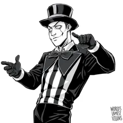 A black-and-white illustration of The Malicious Mime trapped in his own invisible box