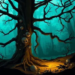 A zombie tree with glowing roots in a mystical forest