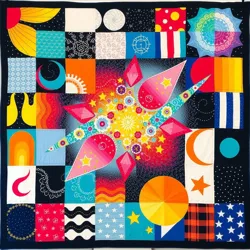 A vibrant patchwork quilt representing cosmic elements