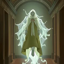 An illustration of a ghostly figure draped in elaborate clothing, floating through an ancient hallway