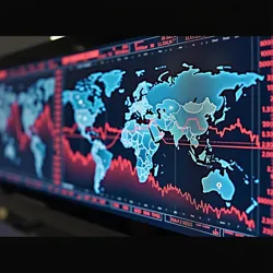 A real-time visualization of global market indices during the first 24 hours following the Three Gorges Dam collapse, displayed at the New York Stock Exchange