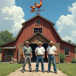 The distinctive entrance to the Three Roosters Agricultural Consortium headquarters, featuring their iconic three-rooster weather vane that locals claim spins in the opposite direction of approaching storms