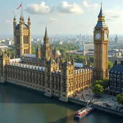 The Houses of Parliament undergoing ecological retrofitting in 2031, symbolizing the broader transformation of British political institutions