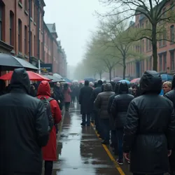 Voters line up in unprecedented numbers outside a polling station in Manchester during the 2030 snap election, despite heavy rainfall