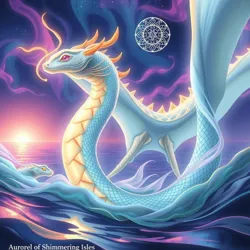 A depiction of an Aurora Serpent in the waters of the Shimmering Isles