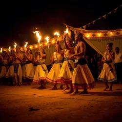 A ceremonial dance being performed by a group in traditional attire