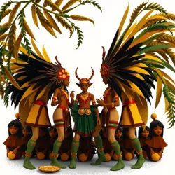 A depiction of the Dance of the Earth Spirits with participants in traditional costumes