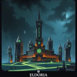 Eldoria's skyline with its iconic spires and glowing arcane lights