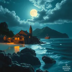 A view of Moonlit Haven's coastline under the moonlight