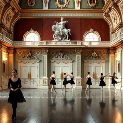 An elegant ballet studio with dancers practicing