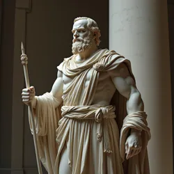 A classical marble statue depicting the concept of tyrannical rule, housed in the Museum of Political History