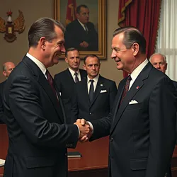 Nixon engaging in détente with the Soviet Union, leading to arms control agreements and reduced Cold War tensions, reshaping superpower relations.