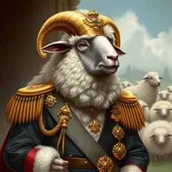 Sir Fluffington in his formal military attire, including his signature golden fleece medallions