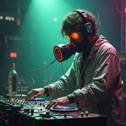 DJ Arsenic during his legendary "Pure Poison" performance at the [Echo Chamber of Caustic Dreams](#), wearing his signature crystalline breathing apparatus