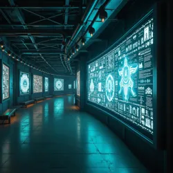 The main exhibition hall of the Xenomorphic Expression Archive, featuring holographic displays of non-humanoid ASCII artworks