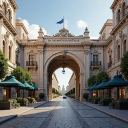 Shows the Edwardian-era themed Grand Excelsior Plaza, featuring cobblestone streets, ornate buildings, and the Grand Excelsior Hotel facade.