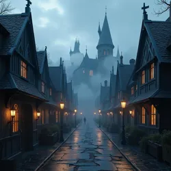 Illustrates the shadowy and atmospheric Grimmsborough land, with gothic architecture, mist-covered streets, and Castle Grimmsborough in the distance.