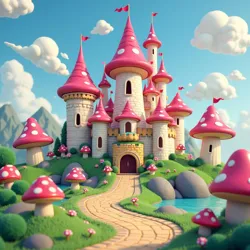 Presents the vibrant Mushroom Kingdom, highlighting Peach's Castle, giant mushrooms, and colorful cartoonish elements.