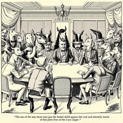 A chaotic cabinet meeting with animals in suits