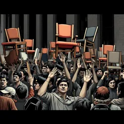 Demonstrators holding chairs aloft during the infamous "Sit-Down Stand-Off" of June 1962