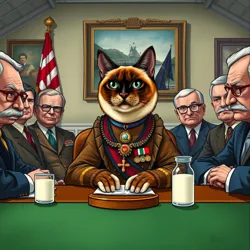 Madame Whiskers presiding over a critical fisheries policy meeting, famous for her "no dogs allowed" policy