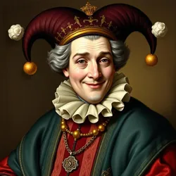 Official portrait of Lord Giggles wearing his signature half-jester, half-chancellor regalia