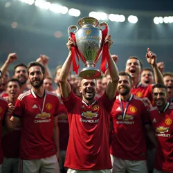 Manchester United team celebrating their victory in the UEFA Europa League final under the leadership of Ruud van Nistelrooy.