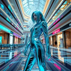 Venice Azure in her iconic chrome suit, which became a symbol of vaporwave fashion