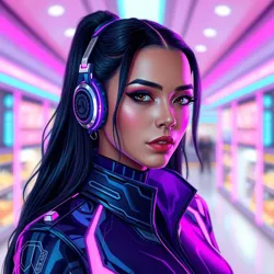 Echo Valencia in her signature digital synthwave suit from "Neon Nights at the Cyber Food Court"