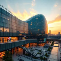 The iconic quantum-glass facade of Hyperwave Plaza during its famous perpetual sunset phase