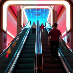 A restored frame from the infamous "Escalator Sequence" in Mall Walkers Episode 7