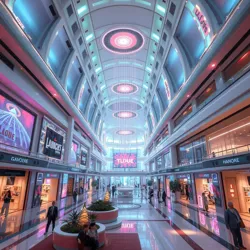 A typical Neo Mallsoft environment featuring quantum-enhanced lighting and temporal retail zones