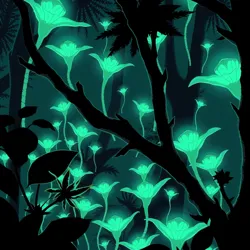 Bioluminescent flora illuminating the forest at night