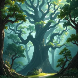 Illustration of an Elder Oak towering in a lush forest