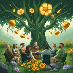 Illustration of the Floral Council meeting under the Great Oak