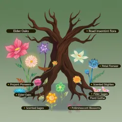 Depiction of diverse sentient flora in a vibrant Arboreal society, illustrating the variety and richness of plant life