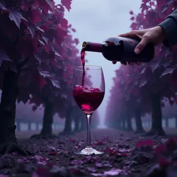 The characteristic purple-black foliage of void-chromatic grape vines at the Greater Monastery of Silent Truth