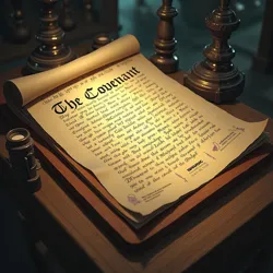 The original Covenant document, housed within the Archives of Zyon, written in luminescent celestial script that pulses with Uzhyr's power