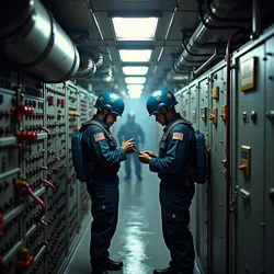 Crewmen conducting routine maintenance on a Providence-class battleship's auxiliary systems