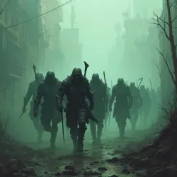 A formation of Hollow Horde warriors advancing through toxic fog during the Defense of the Outer Districts