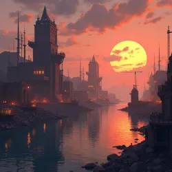 The primary construction arrays of the Soaring Shipyards illuminated against the backdrop of Hebhastun's setting sun