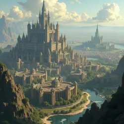 An aerial view of the central districts of the Omnium Theocracy, with Zyon's spires visible in the distance