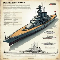 Technical schematic of an Impetuous Class Heavy Corvette showing its distinctive armored prow and weapon emplacements