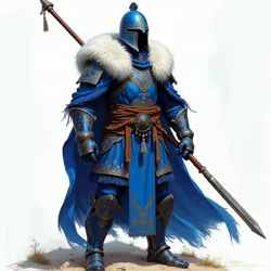 An Uraskan warrior of the Allfather's Children adorned in their distinctive cobalt blue and white battle plate