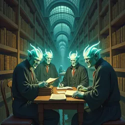 A gathering of Vorthen scholars in their natural luminescent state, conducting research in the Great Archive of the Unshaped Athenaeum