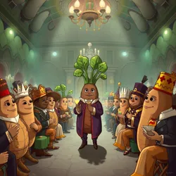 A grand ballroom filled with well-dressed root vegetables