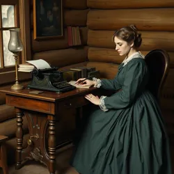 Adelaide Blackwood at her writing desk in the remote cabin where she penned her famous series