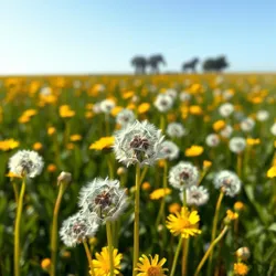 A field of dandelions under a clear blue sky, symbolizing freedom and whimsy