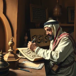 A traditional Arabian calligrapher working on a scroll in a colonial American setting