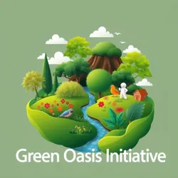 An illustration of a verdant oasis with diverse flora and fauna, symbolizing the environmental goals of the Green Oasis Initiative